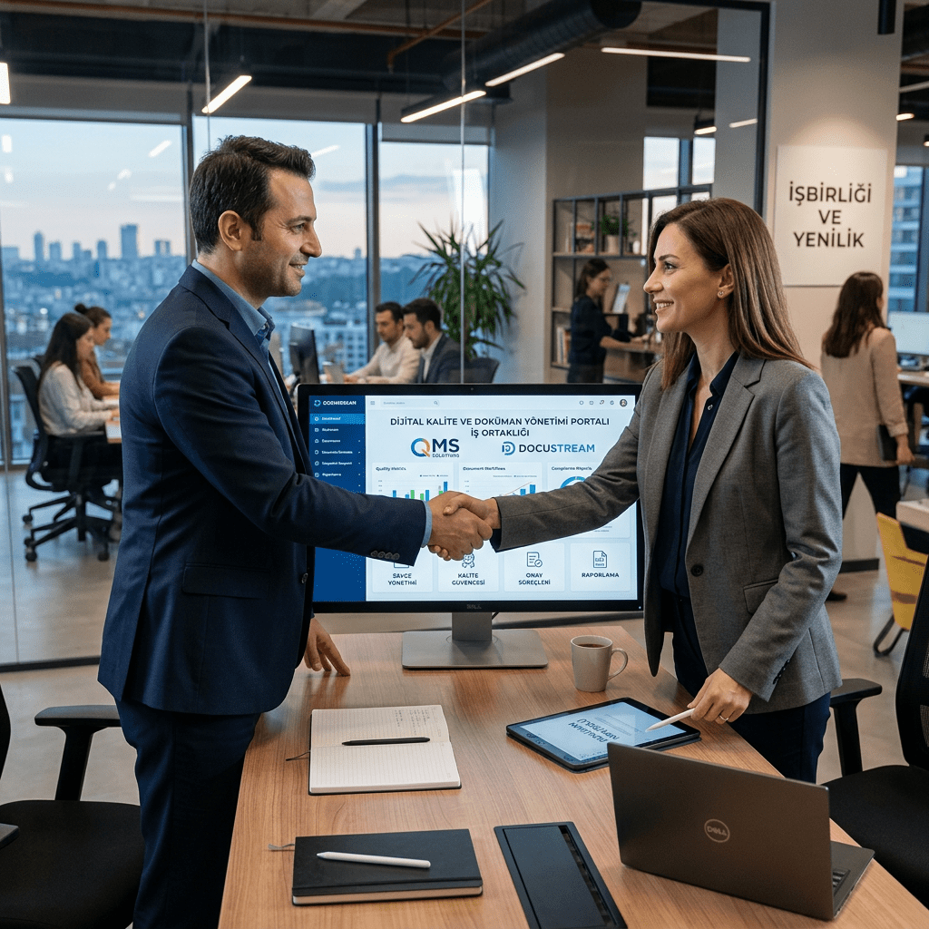 Two business colleagues shaking hands in office with digital quality management portal on screen