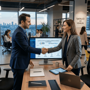 Two business colleagues shaking hands in office with digital quality management portal on screen