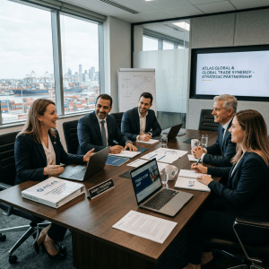 Five business professionals having a meeting in a conference room discussing global trade synergy